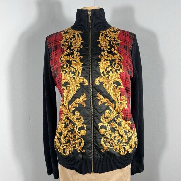 Ralph Lauren Sz L Black Knit Gold Baroque Cotton Quilted Front Zip Cardigan - Picture 2 of 13